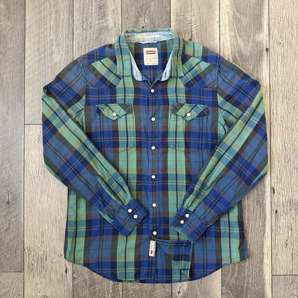 Levis Shirt Mens Large Slim Fit Green Plaid Double Sawtooth Pearl Snap Western